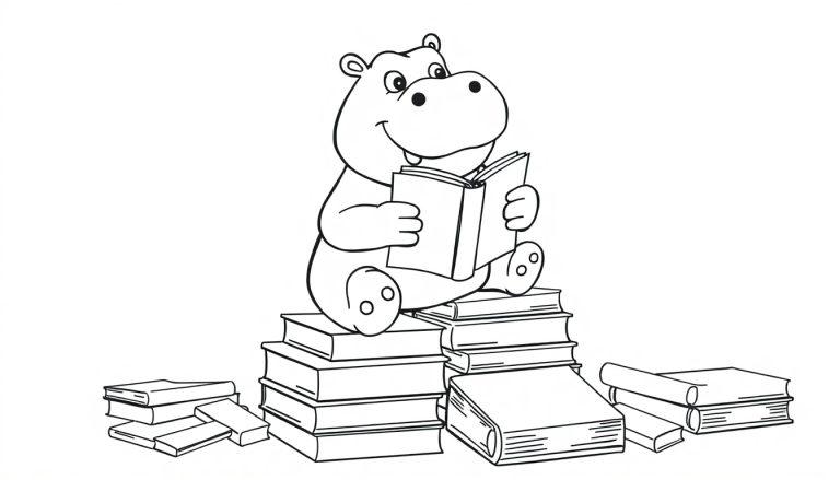 Kleurplaat van een schattig nijlpaard dat op boeken zit en een boek leest, omringd door meer boeken.