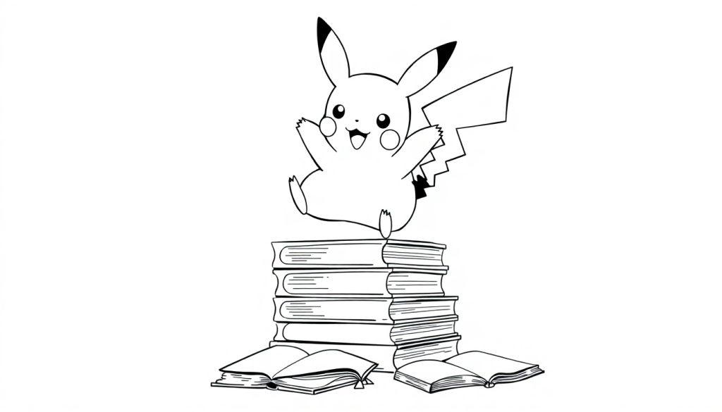 Kleurplaat van een vrolijk Pikachu op een stapel boeken met open boeken eromheen.
