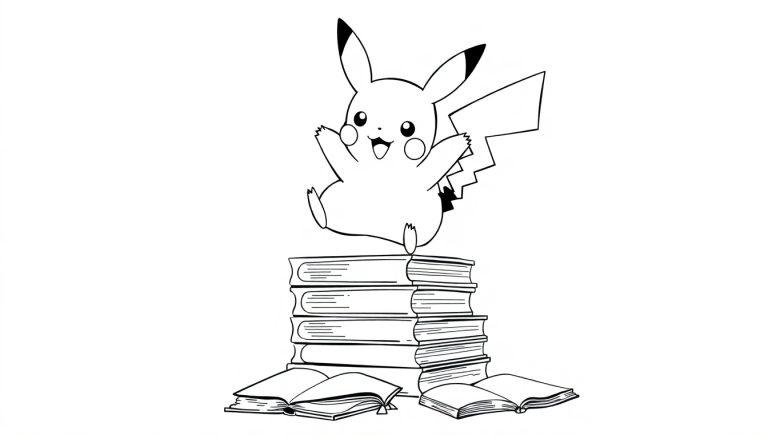 Kleurplaat van een vrolijk Pikachu op een stapel boeken met open boeken eromheen.