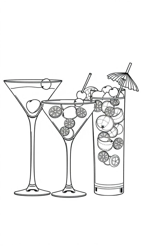 Kleurplaat van drie glazen met cocktails, een martiniglas met kers, een glas met citrusvruchten en een tropisch drankje met parasolletje, allemaal in eenvoudige lijnen voor kinderen om in te kleuren.