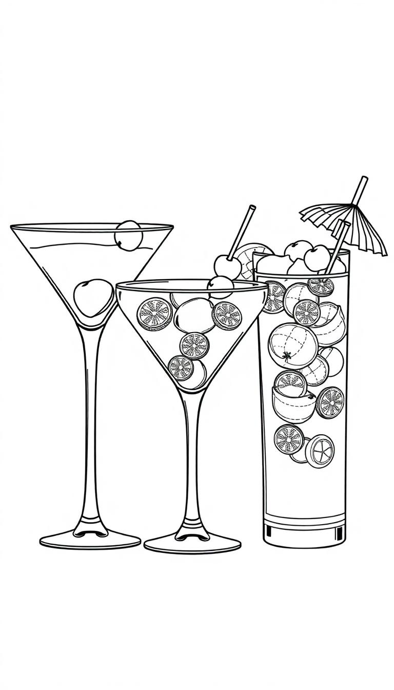 Kleurplaat van drie glazen met cocktails, een martiniglas met kers, een glas met citrusvruchten en een tropisch drankje met parasolletje, allemaal in eenvoudige lijnen voor kinderen om in te kleuren.