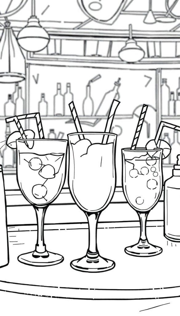 Kleurplaat van een bar met drie glazen drankjes, ijsblokjes en een citrusschijf, op een eenvoudige schets.