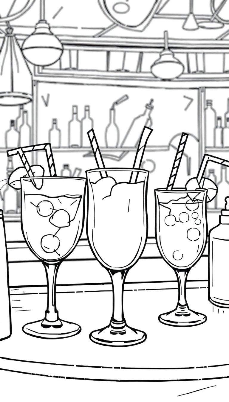 Kleurplaat van een bar met drie glazen drankjes, ijsblokjes en een citrusschijf, op een eenvoudige schets.