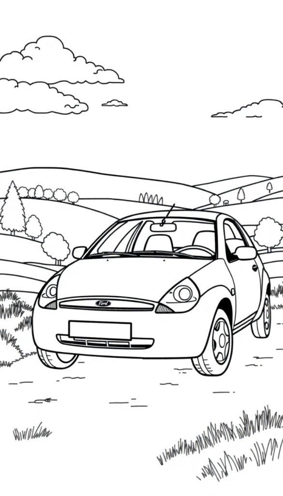 Een zwart-wit kleurplaat van een Ford Ka 2001 in een landelijk landschap met bomen, heuvels en wolken.