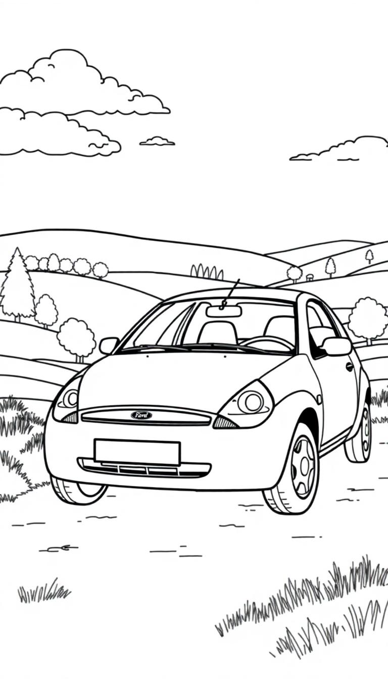 Een zwart-wit kleurplaat van een Ford Ka 2001 in een landelijk landschap met bomen, heuvels en wolken.