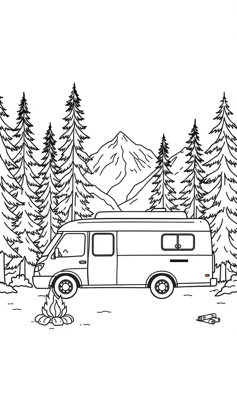 Kleurplaat van een camper in de natuur met bomen en bergen, kampvuur en houtstapeltje