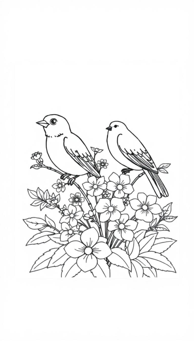 Een kleurplaat van twee vogeltjes op takken tussen bloemen en bladeren, klaar om ingekleurd te worden.