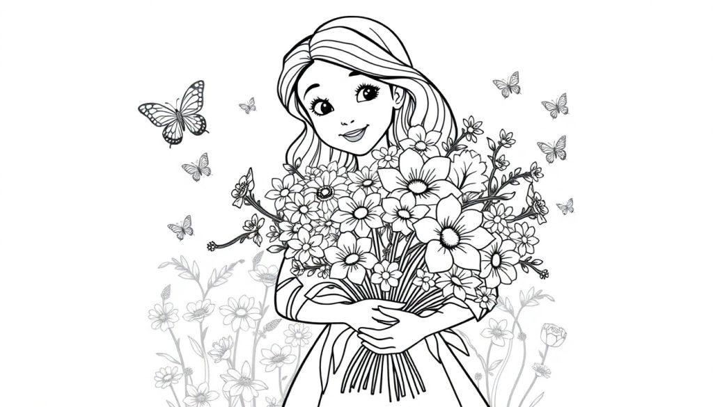 Zwart-wit kleurplaat van een blij meisje met lang haar dat bloemen vasthoudt, vlinders vliegen om haar heen, met extra bloemen op de achtergrond.