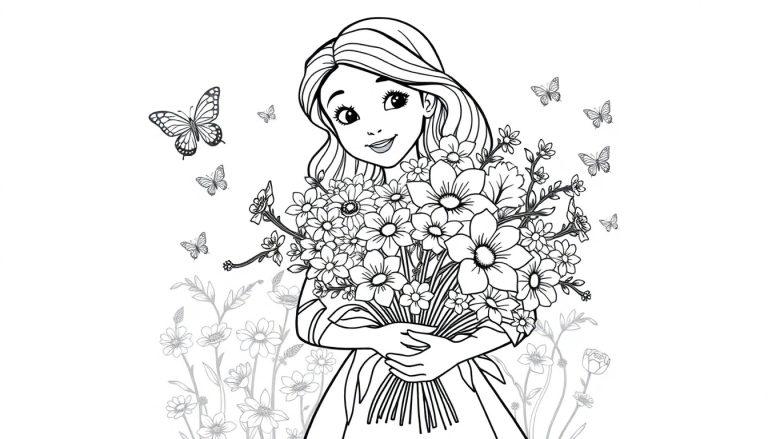 Zwart-wit kleurplaat van een blij meisje met lang haar dat bloemen vasthoudt, vlinders vliegen om haar heen, met extra bloemen op de achtergrond.