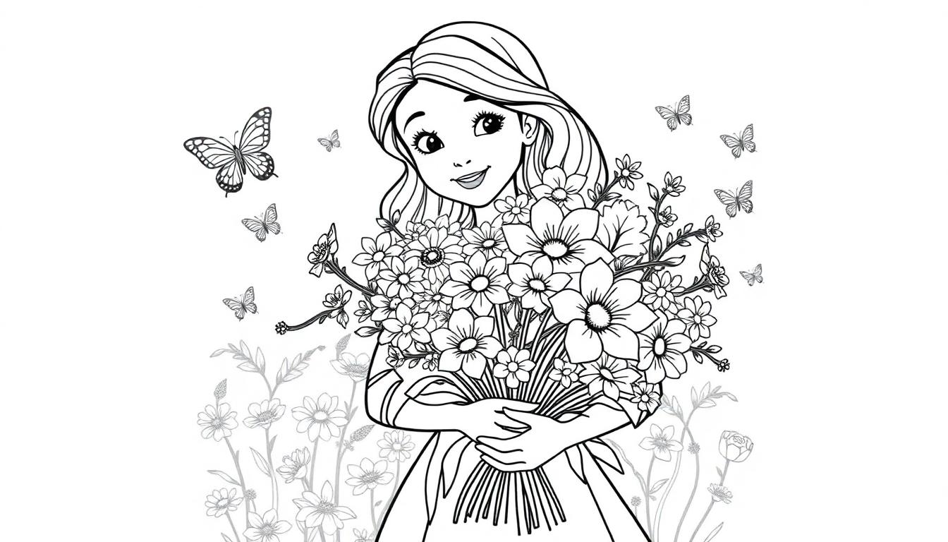 Zwart-wit kleurplaat van een blij meisje met lang haar dat bloemen vasthoudt, vlinders vliegen om haar heen, met extra bloemen op de achtergrond.