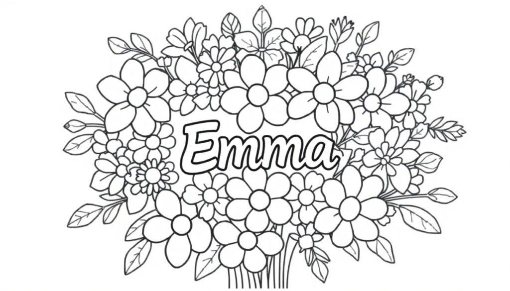 Kleurplaat van een groot bloemenbos met de naam Emma in het midden, klaar om ingekleurd te worden.