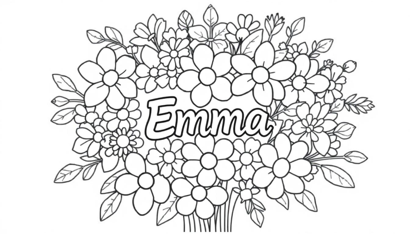 Kleurplaat van een groot bloemenbos met de naam Emma in het midden, klaar om ingekleurd te worden.
