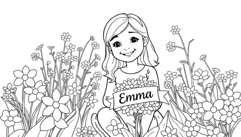 Een kleurplaat van een lachend meisje in een bloemenveld, met een bos bloemen en de naam 'Emma' erop.