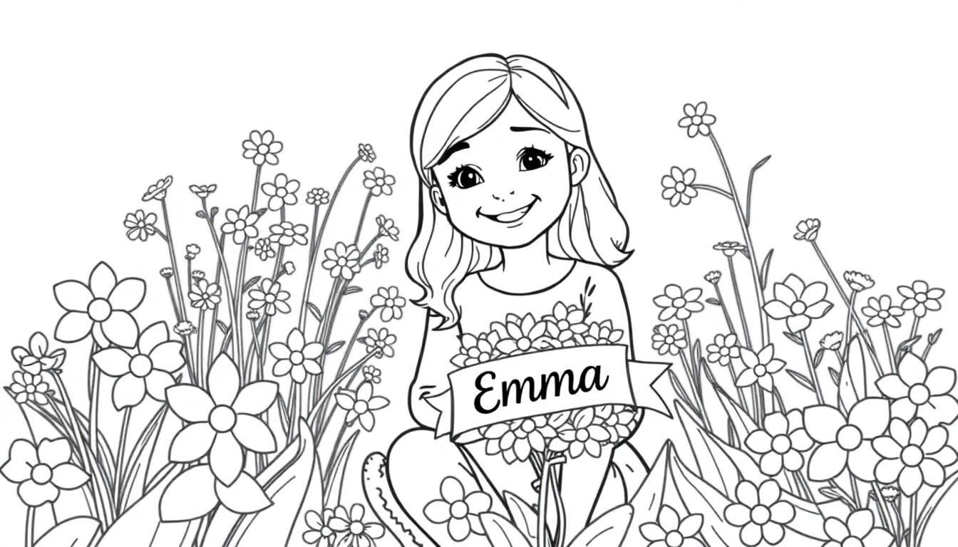 Een kleurplaat van een lachend meisje in een bloemenveld, met een bos bloemen en de naam 'Emma' erop.