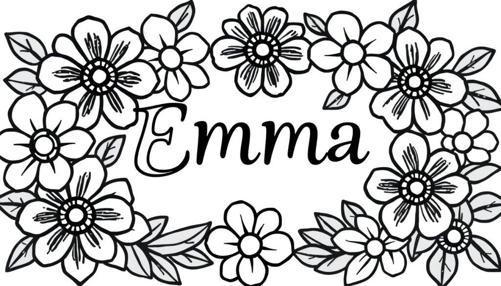 Kleurplaat met bloemen en bladeren rondom de naam Emma in sierlijk lettertype
