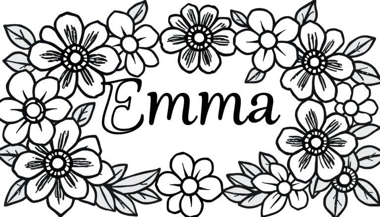 Kleurplaat met bloemen en bladeren rondom de naam Emma in sierlijk lettertype