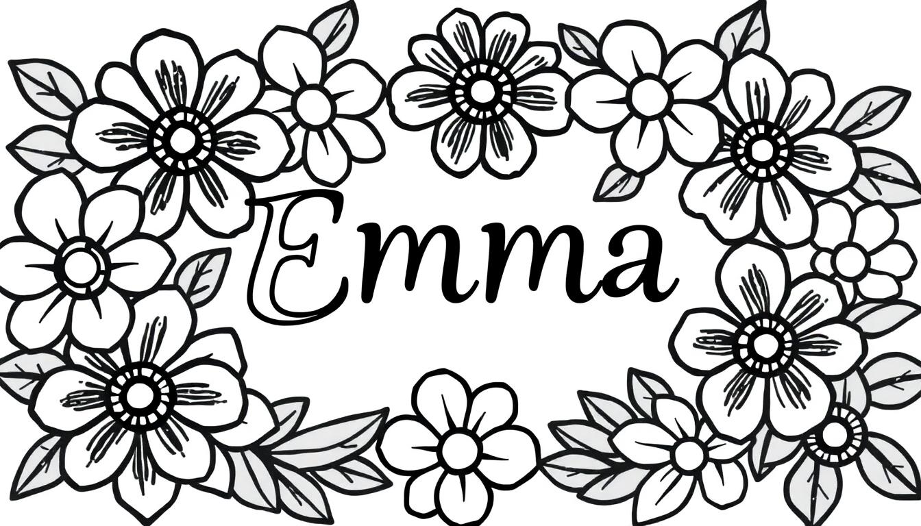 Kleurplaat met bloemen en bladeren rondom de naam Emma in sierlijk lettertype
