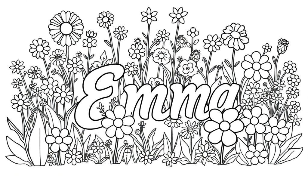 Kleurplaat van de naam Emma omringd door bloemen en bladeren, klaar om in te kleuren.