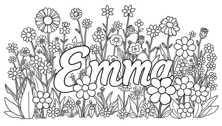 Kleurplaat van de naam Emma omringd door bloemen en bladeren, klaar om in te kleuren.