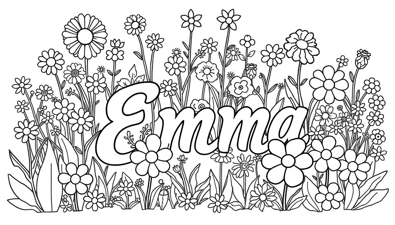 Kleurplaat van de naam Emma omringd door bloemen en bladeren, klaar om in te kleuren.