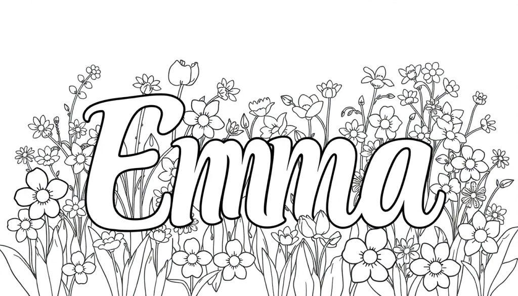 Een kleurplaat van een veld vol bloemen met de naam Emma in grote letters in het midden, klaar om ingekleurd te worden.