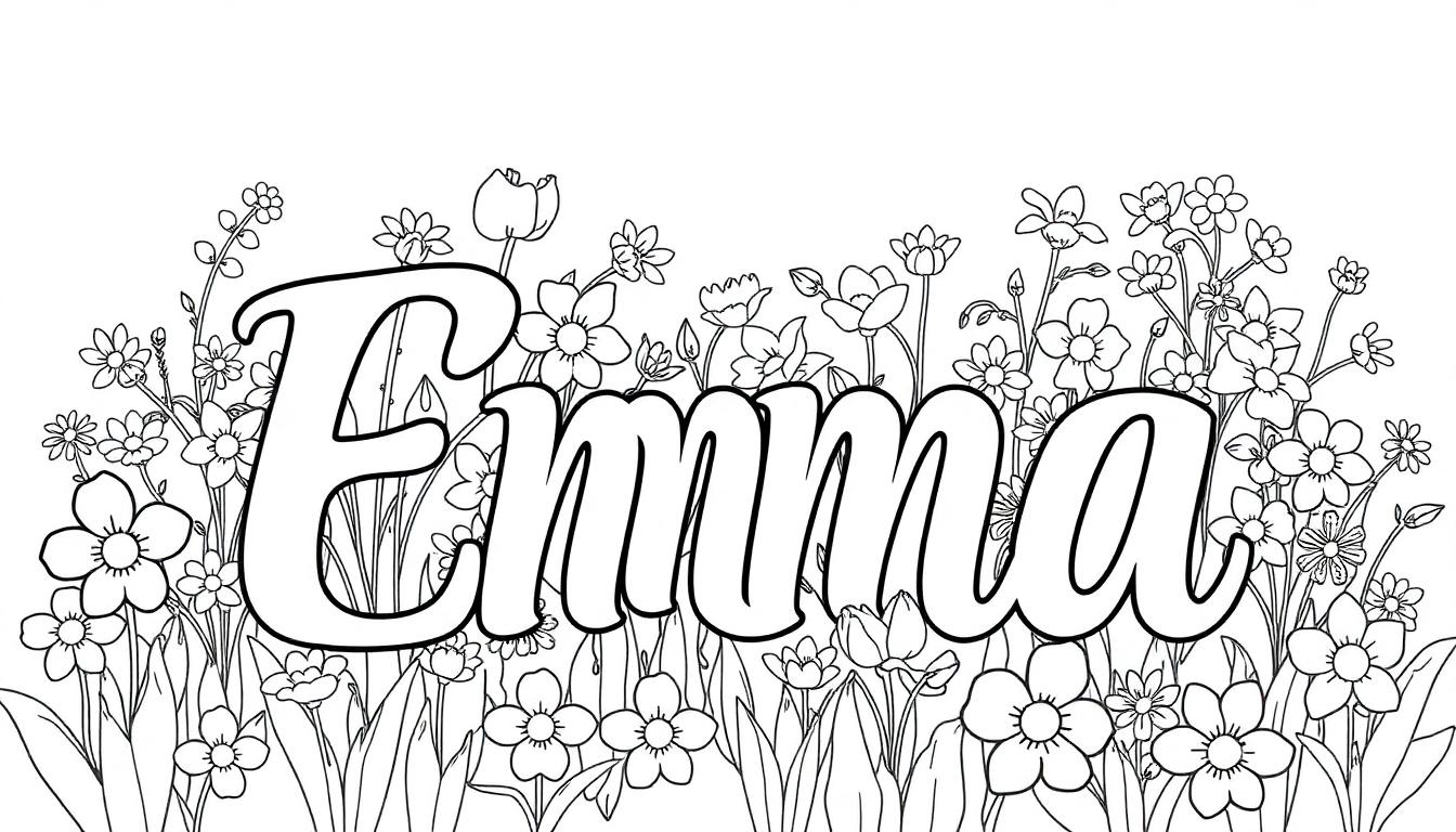 Een kleurplaat van een veld vol bloemen met de naam Emma in grote letters in het midden, klaar om ingekleurd te worden.