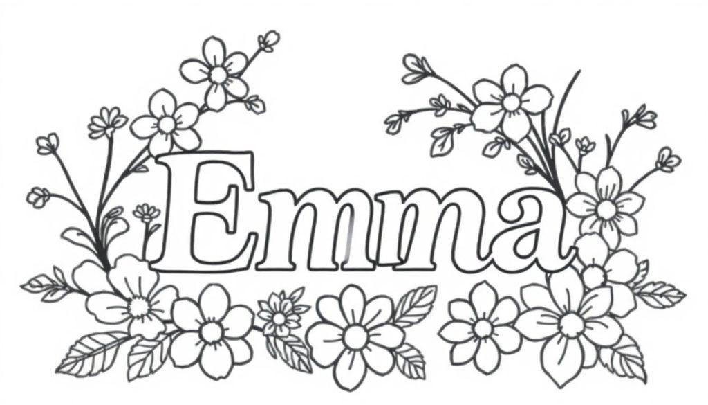 Kleurplaat van de naam Emma omgeven door bloemen en bladeren, klaar om ingekleurd te worden.