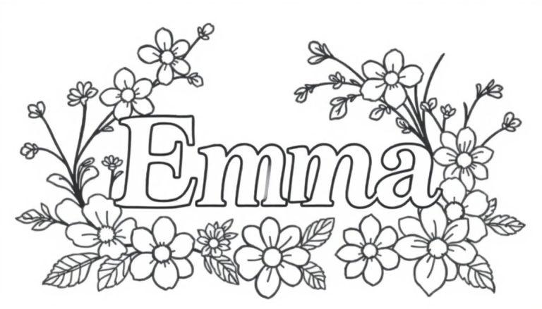 Kleurplaat van de naam Emma omgeven door bloemen en bladeren, klaar om ingekleurd te worden.