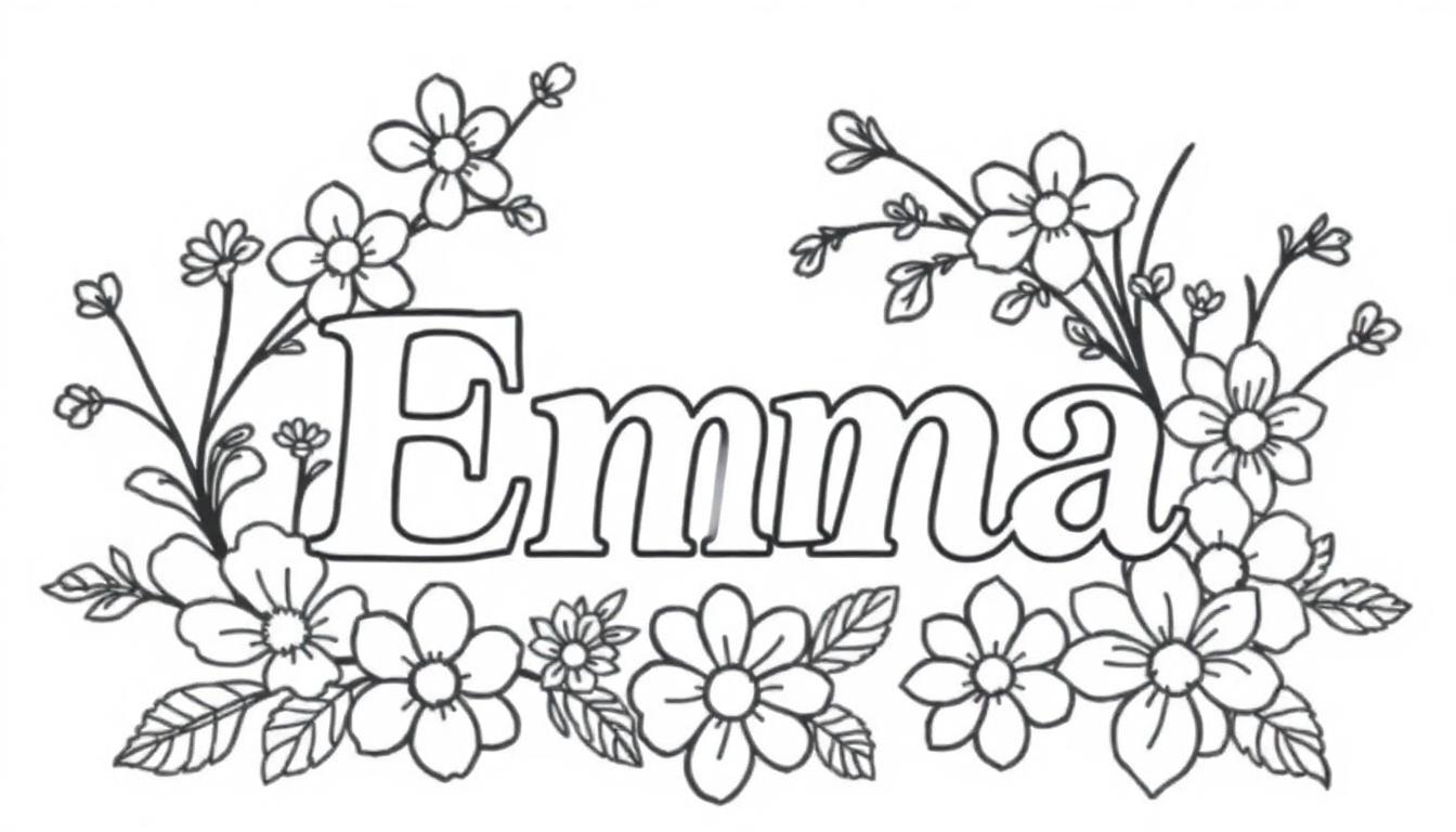 Kleurplaat van de naam Emma omgeven door bloemen en bladeren, klaar om ingekleurd te worden.