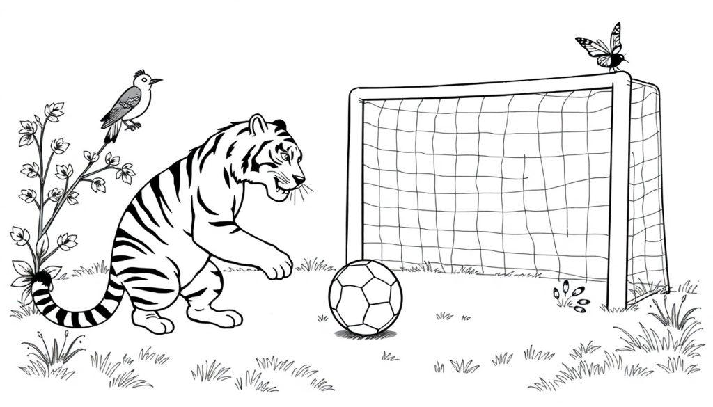 Kleurplaat van een speelse tijger die met een voetbal speelt, met een voetbaldoel, vlinder, vogel en bloem op de achtergrond.