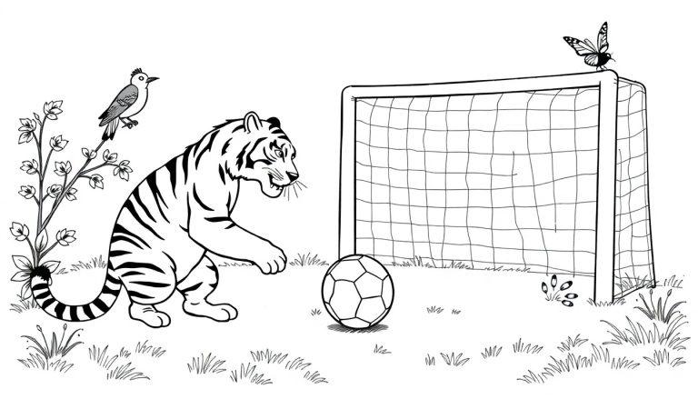 Kleurplaat van een speelse tijger die met een voetbal speelt, met een voetbaldoel, vlinder, vogel en bloem op de achtergrond.