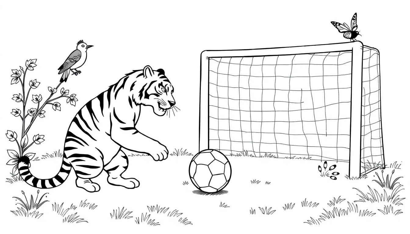 Kleurplaat van een speelse tijger die met een voetbal speelt, met een voetbaldoel, vlinder, vogel en bloem op de achtergrond.