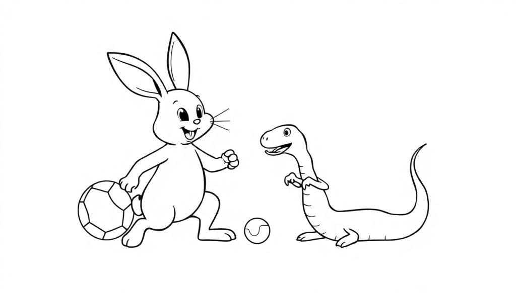 Kleurplaat van een vrolijk konijn en een dinosaurusachtige hagedis die samen met ballen spelen.