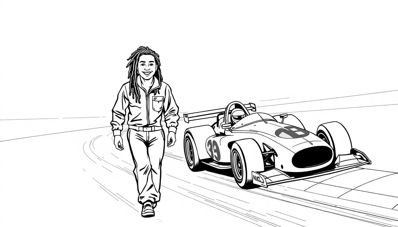 Kleurplaat van een racecoureur met dreadlocks die naast een racewagen loopt, allebei in zwart-wit lijnen.
