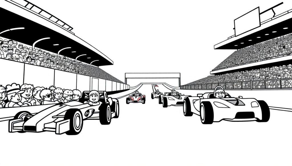 Kleurplaat van een vrolijke autosportrace met lachende coureurs en racewagens, klaar om ingekleurd te worden.