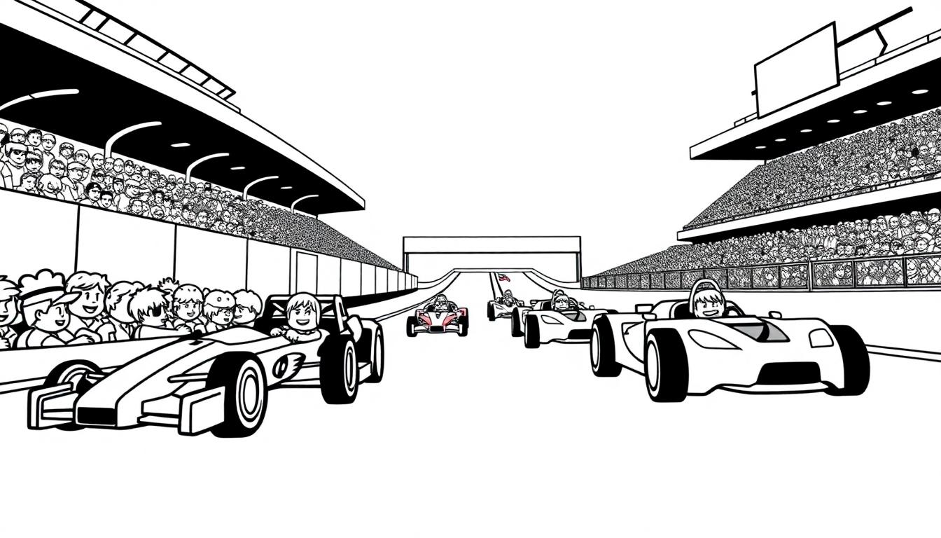 Kleurplaat van een vrolijke autosportrace met lachende coureurs en racewagens, klaar om ingekleurd te worden.