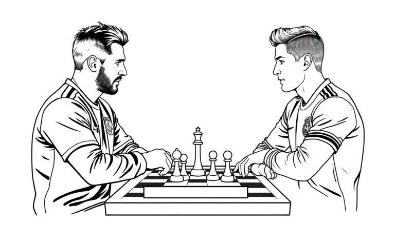 Kleurplaat van twee mannen die samen schaken, met een schaakbord tussen hen in, klaar voor een spannende wedstrijd.