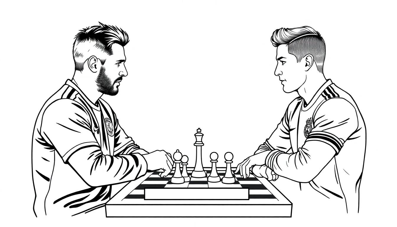 Kleurplaat van twee mannen die samen schaken, met een schaakbord tussen hen in, klaar voor een spannende wedstrijd.