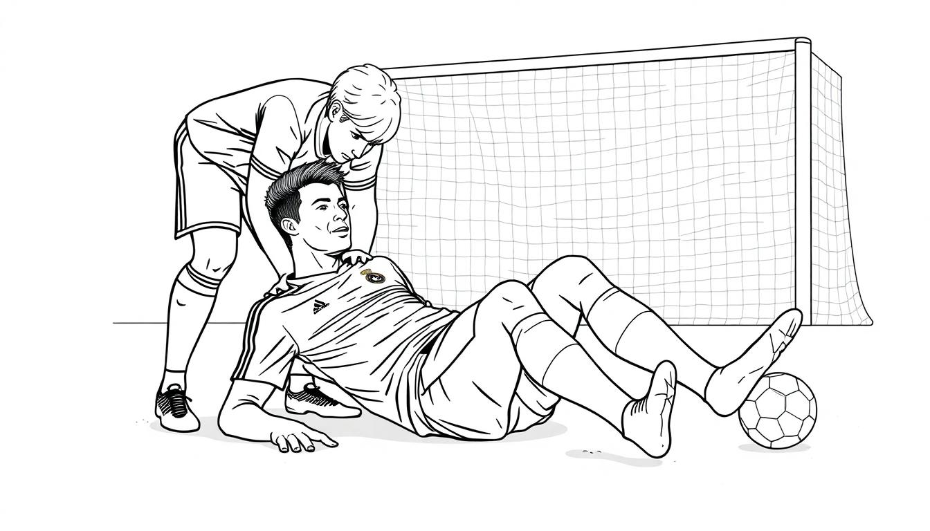 Kleurplaat van een voetbalscène met een geschaatste speler die op de grond ligt en een andere speler die hem helpt. Op de achtergrond is een doel met net te zien.