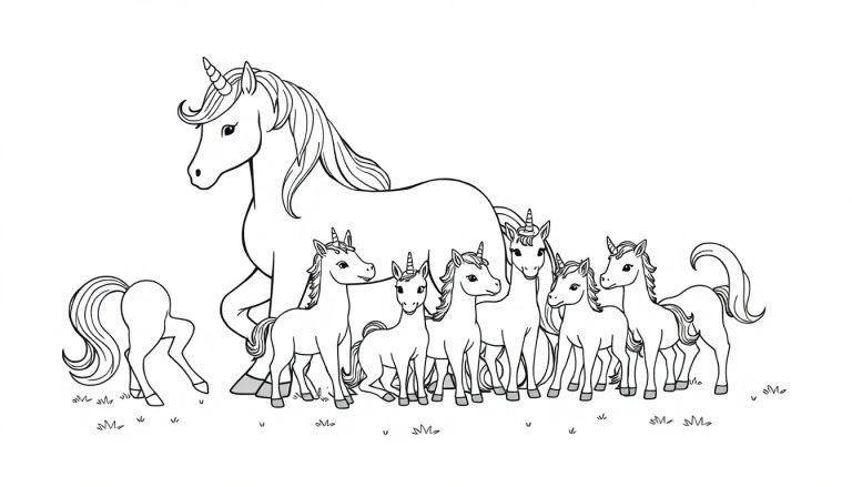 Een kleurplaat van een groot eenhoorn ouder met jonge eenhoorns die om hem heen staan, allemaal getekend in lijntekening, klaar om ingekleurd te worden.