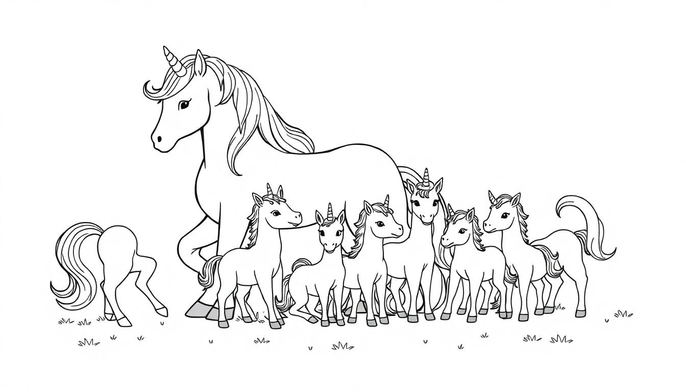 Een kleurplaat van een groot eenhoorn ouder met jonge eenhoorns die om hem heen staan, allemaal getekend in lijntekening, klaar om ingekleurd te worden.