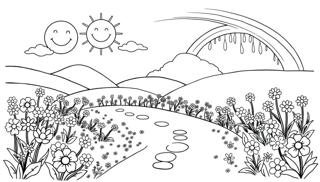Een vrolijke kleurplaat van een landschap met een pad, bloemen, twee lachende zonnen, een regenboog en wolken, allemaal zwart-wit getekend voor kinderen om in te kleuren.