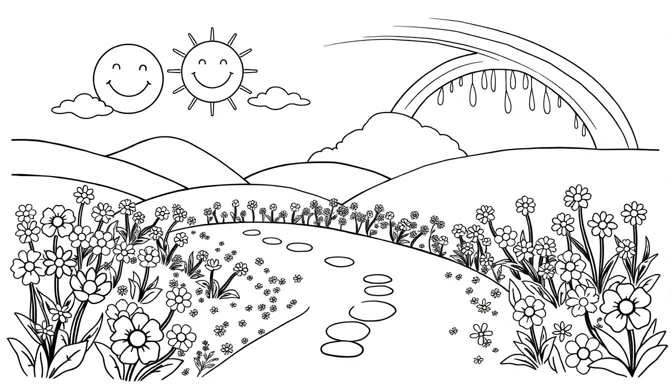 Een vrolijke kleurplaat van een landschap met een pad, bloemen, twee lachende zonnen, een regenboog en wolken, allemaal zwart-wit getekend voor kinderen om in te kleuren.