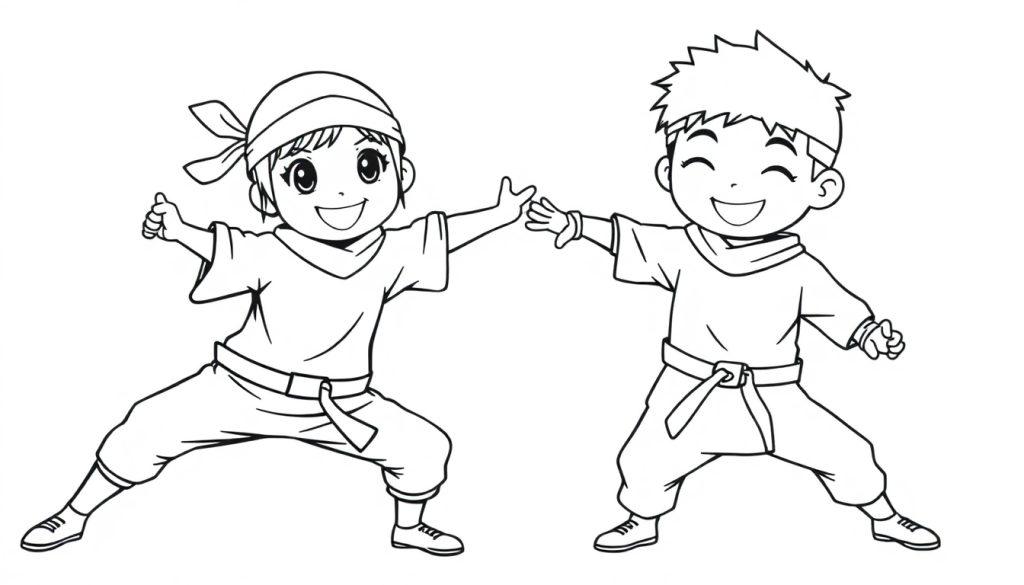 Kleurplaat van twee vrolijke kinderen in ninja-outfits die lachen en plezier hebben