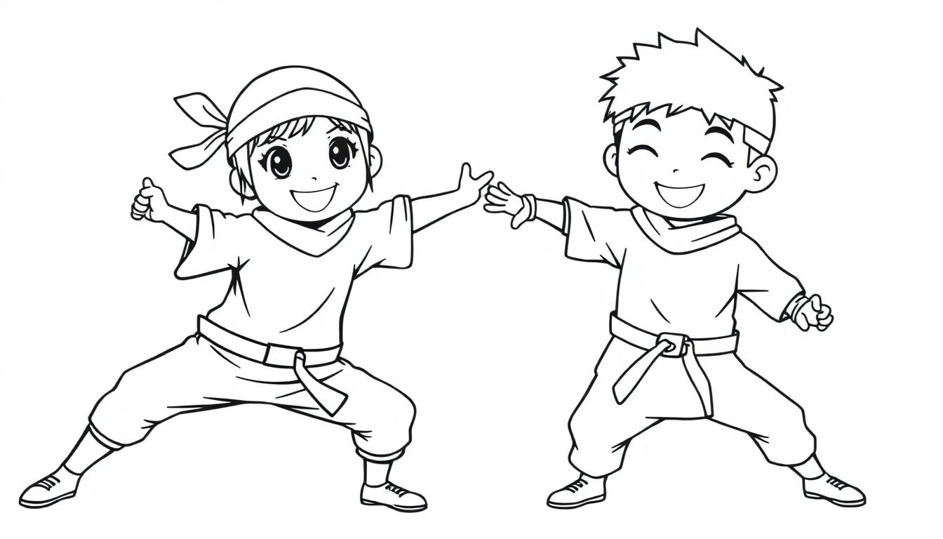 Kleurplaat van twee vrolijke kinderen in ninja-outfits die lachen en plezier hebben