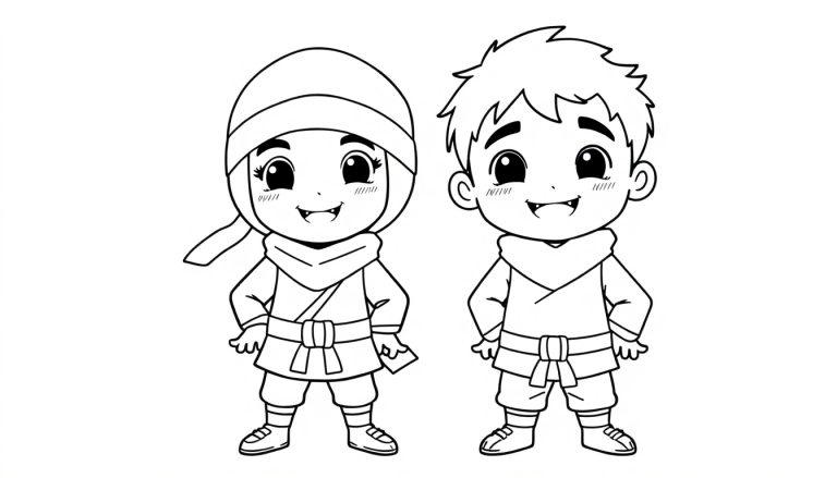 Een zwarte-wit kleurplaat van een vrolijke jongen en een meisje ninja die naast elkaar staan, beide met scherpe tandjes en speelse uitdrukking.