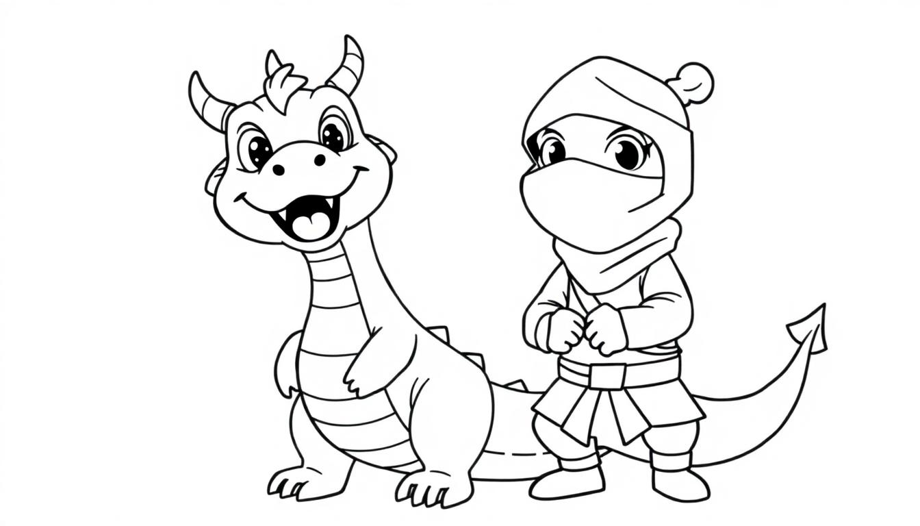 Kleurplaat van een schattige, lachende draak met twee hoorns en een gestreepte buik, samen met een kleine ninja met masker en expressieve ogen, beiden klaar voor een fantasievol avontuur.