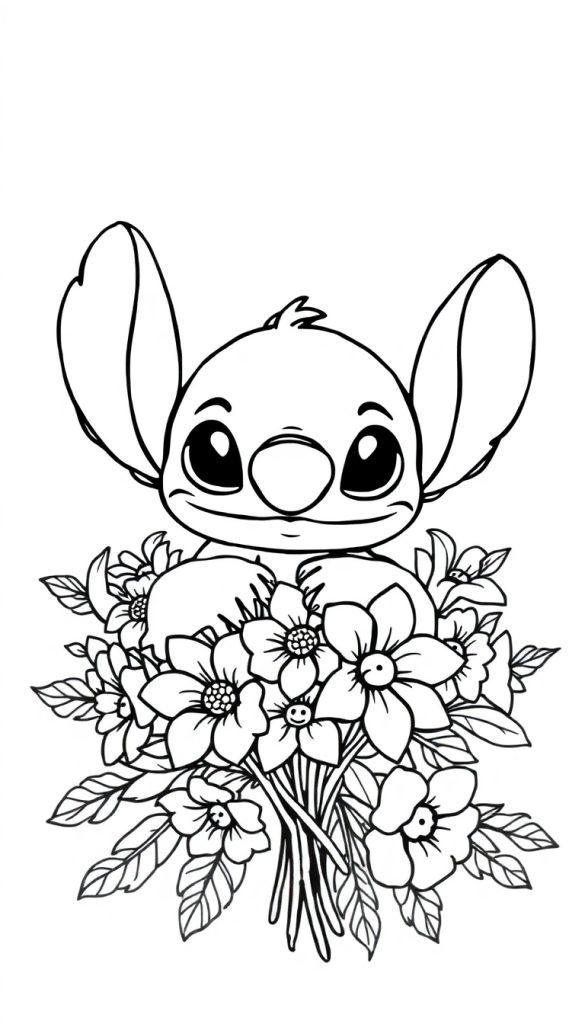 Kleurplaat van Stitch met bloemen en een engel, klaar om ingekleurd te worden.