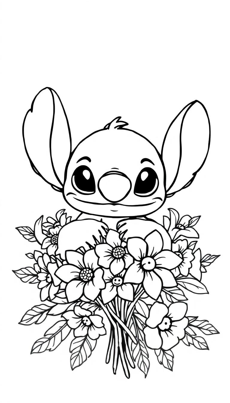 Kleurplaat van Stitch met bloemen en een engel, klaar om ingekleurd te worden.