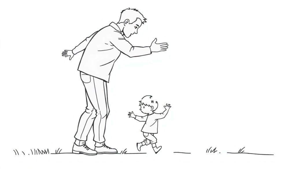 Kleurplaat van een volwassene die klaarstaat om een kind op te vangen, met beide in een eenvoudige zwart-witte lijntekening.